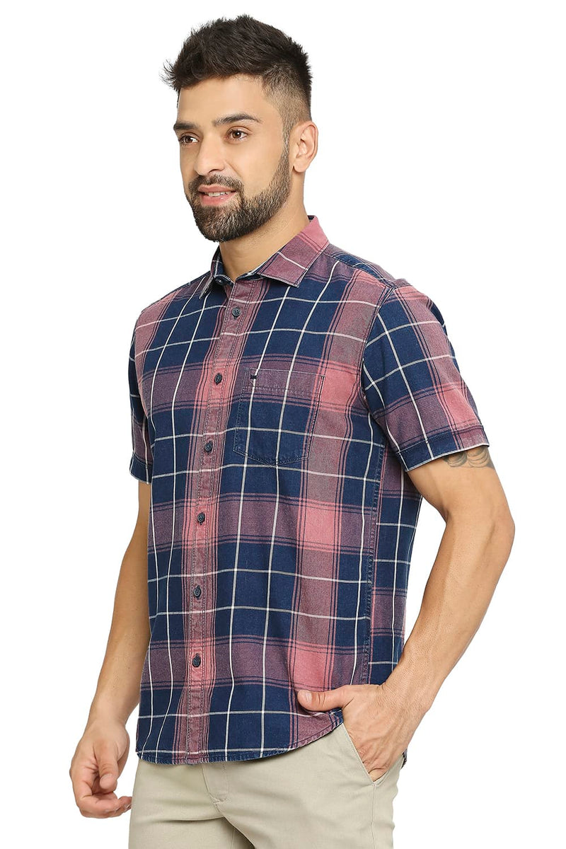 BASICS SLIM FIT COTTON INDIGO TWILL CHECKS HALFSLEEVES SHIRT