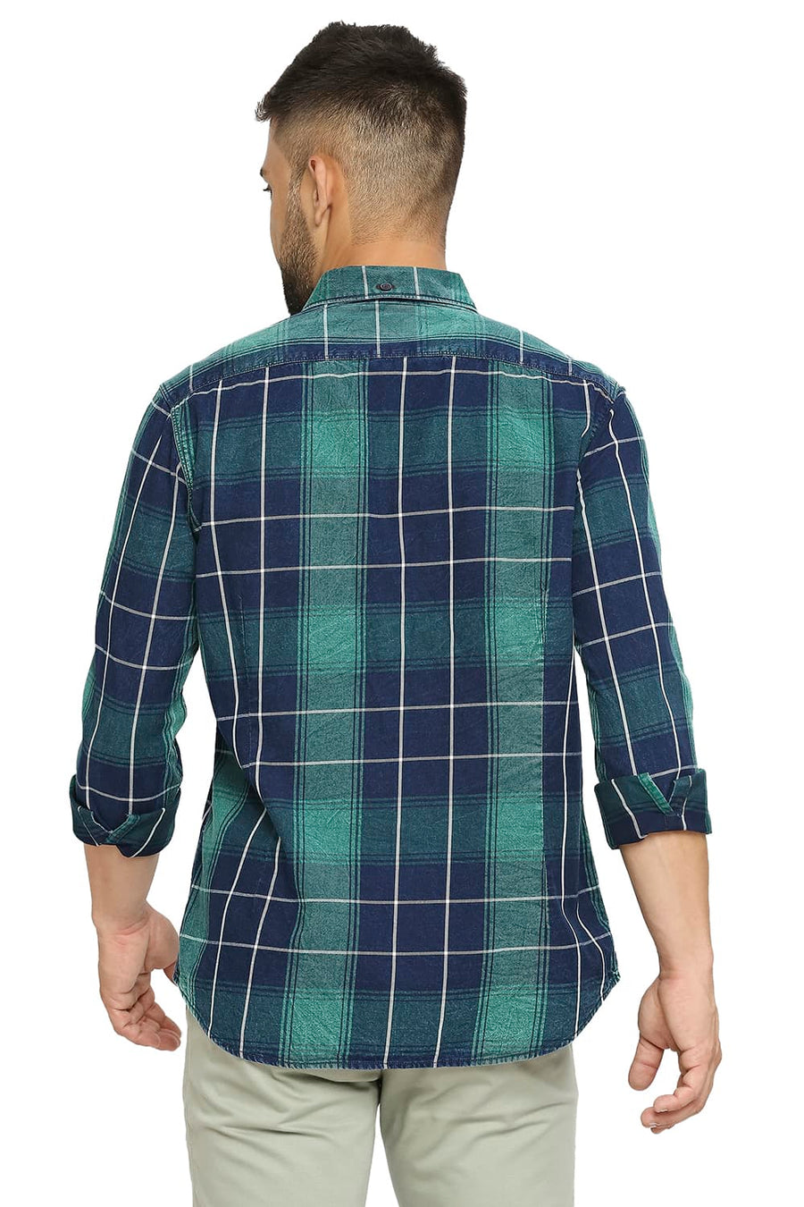BASICS SLIM FIT ULTRAMARINE GREEN COTTON INDIGO TWILL CHECKS SHIRT
