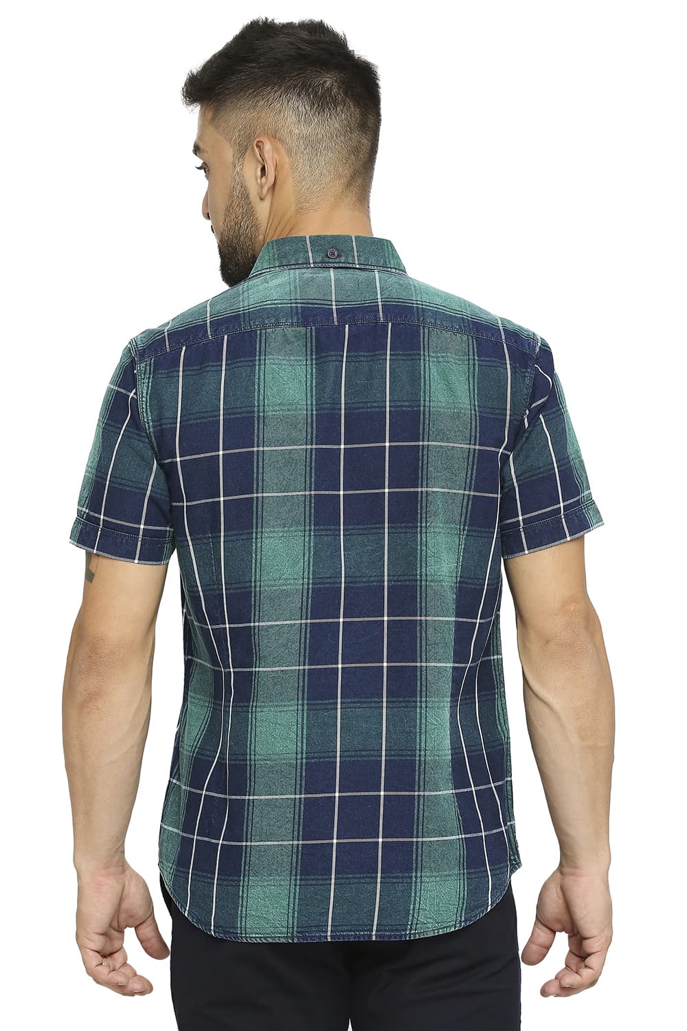 BASICS SLIM FIT COTTON INDIGO TWILL CHECKS HALFSLEEVES SHIRT