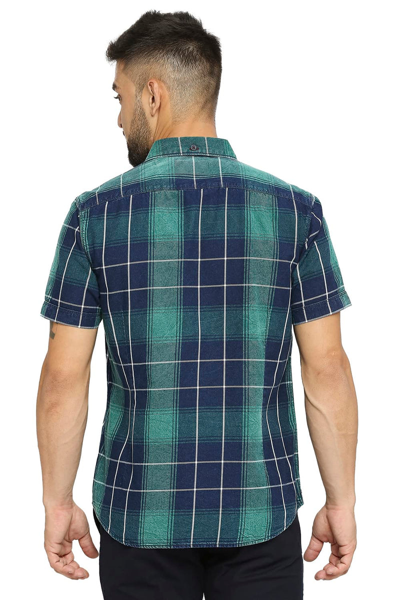 BASICS SLIM FIT COTTON INDIGO TWILL CHECKS HALFSLEEVES SHIRT