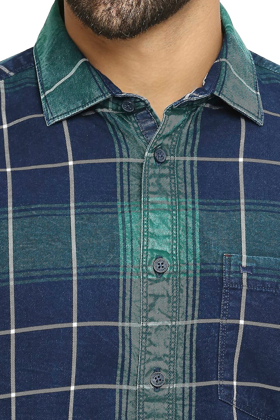 BASICS SLIM FIT ULTRAMARINE GREEN COTTON INDIGO TWILL CHECKS SHIRT