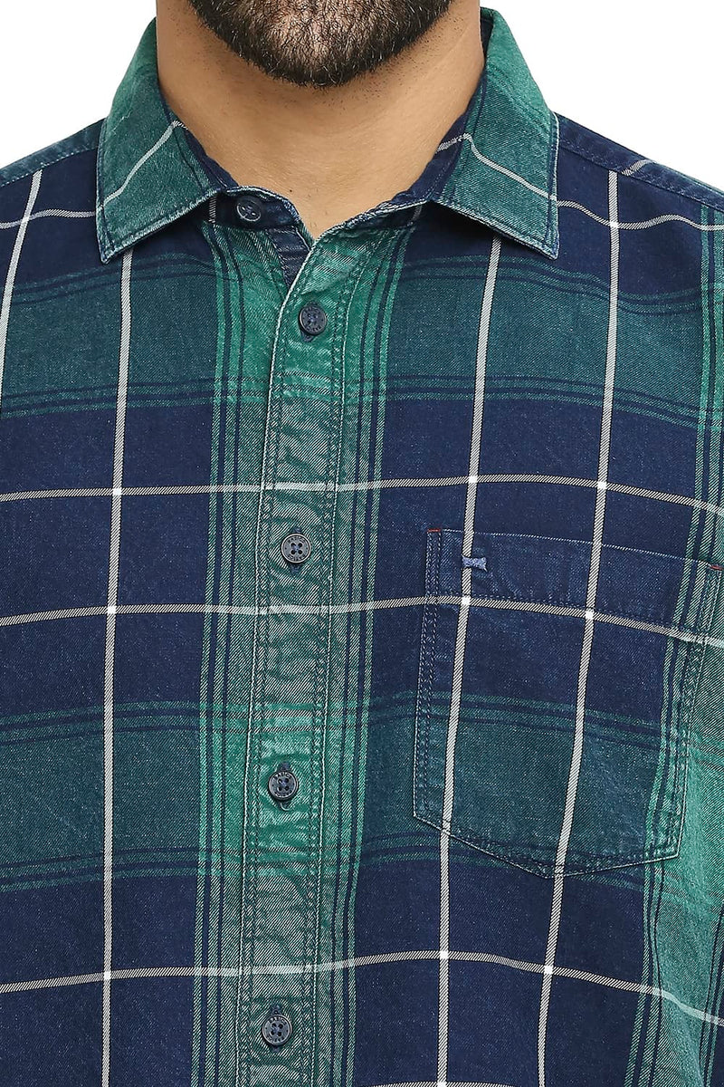 BASICS SLIM FIT COTTON INDIGO TWILL CHECKS HALFSLEEVES SHIRT