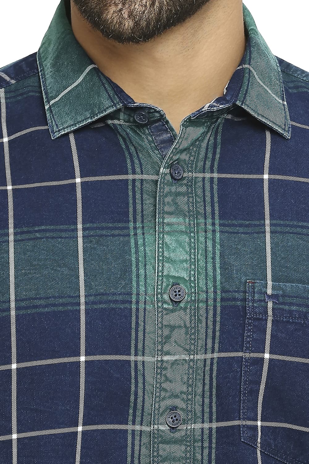 BASICS SLIM FIT COTTON INDIGO TWILL CHECKS SHIRT