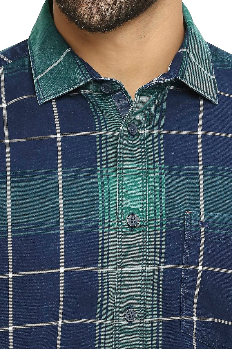 BASICS SLIM FIT COTTON INDIGO TWILL CHECKS SHIRT