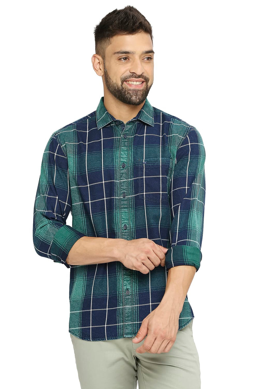 BASICS SLIM FIT ULTRAMARINE GREEN COTTON INDIGO TWILL CHECKS SHIRT