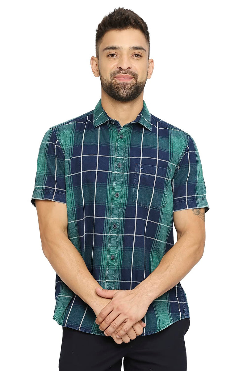 BASICS SLIM FIT COTTON INDIGO TWILL CHECKS HALFSLEEVES SHIRT