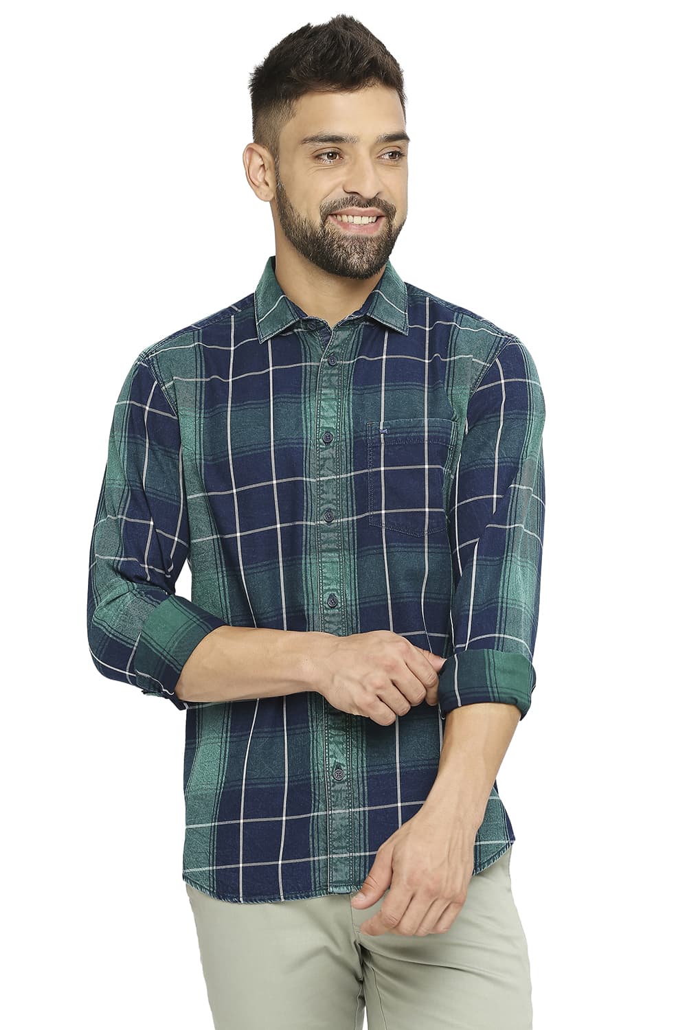 BASICS SLIM FIT COTTON INDIGO TWILL CHECKS SHIRT