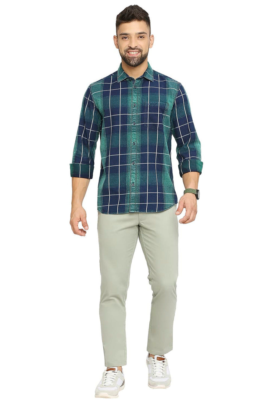 BASICS SLIM FIT ULTRAMARINE GREEN COTTON INDIGO TWILL CHECKS SHIRT