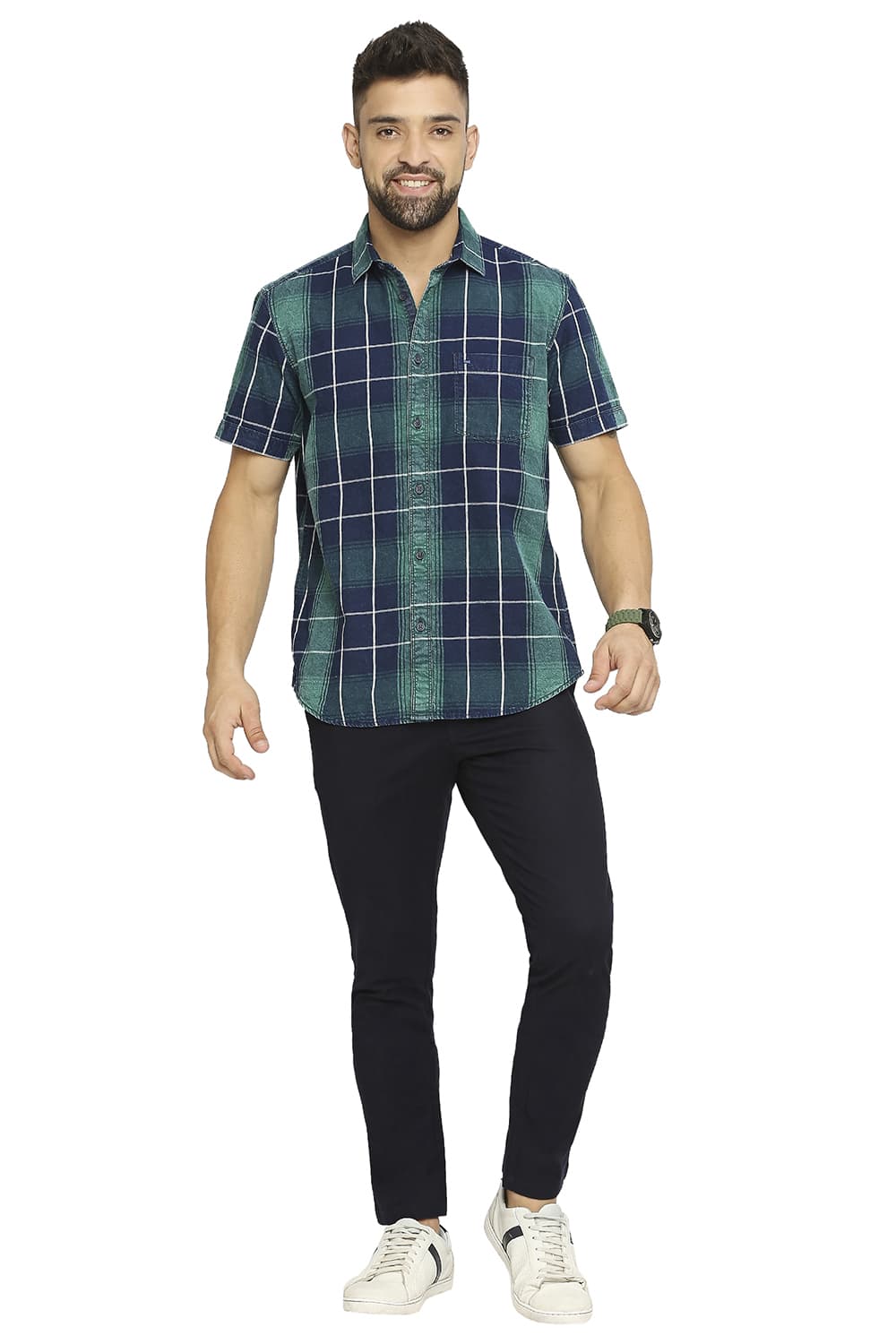 BASICS SLIM FIT COTTON INDIGO TWILL CHECKS HALFSLEEVES SHIRT