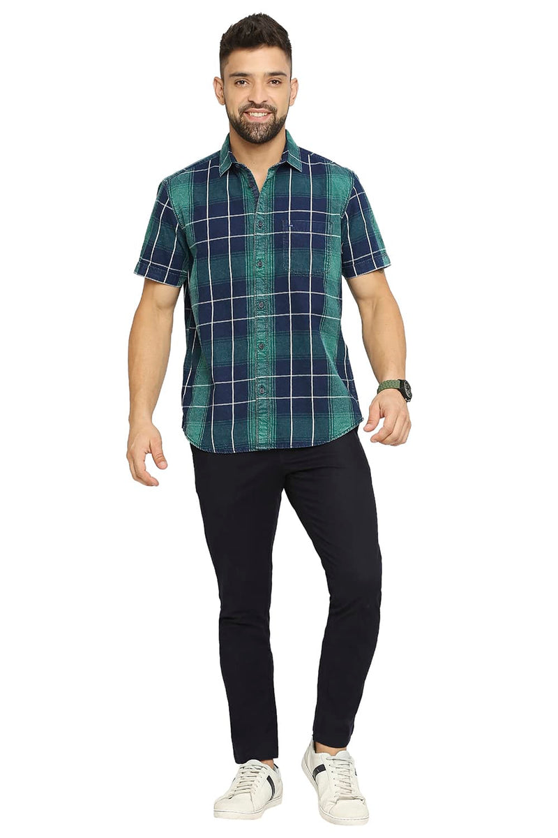 BASICS SLIM FIT COTTON INDIGO TWILL CHECKS HALFSLEEVES SHIRT