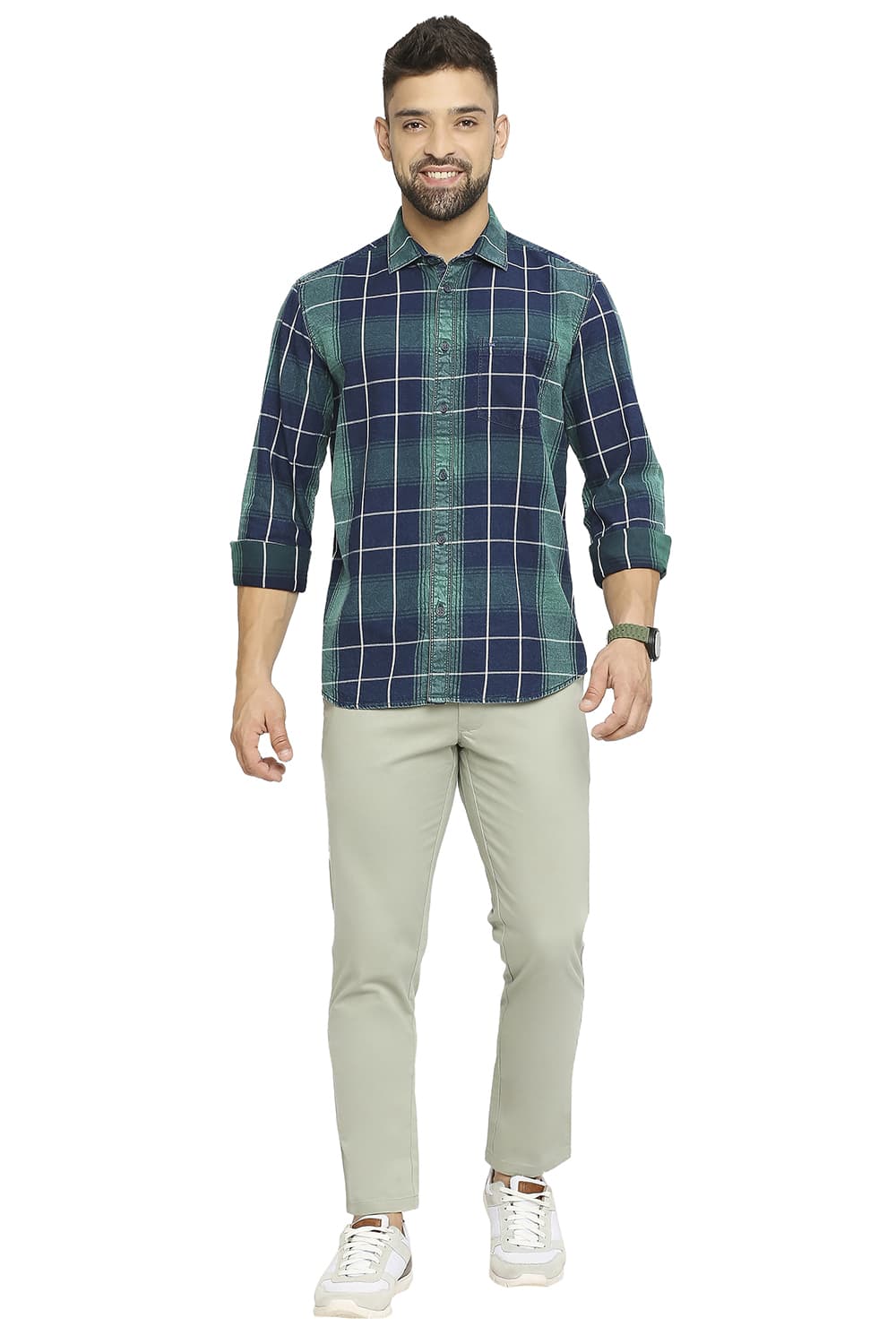 BASICS SLIM FIT COTTON INDIGO TWILL CHECKS SHIRT