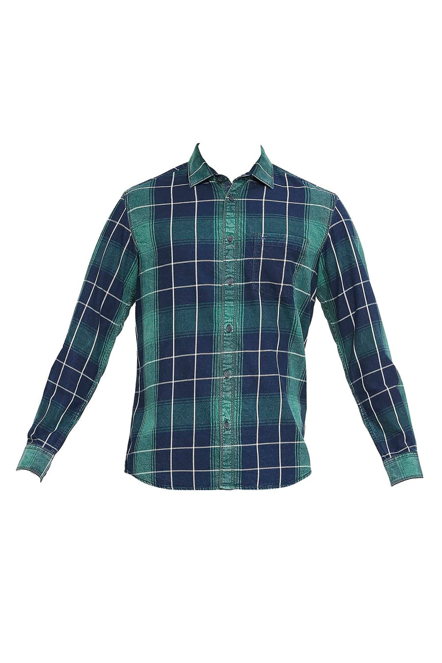 BASICS SLIM FIT ULTRAMARINE GREEN COTTON INDIGO TWILL CHECKS SHIRT
