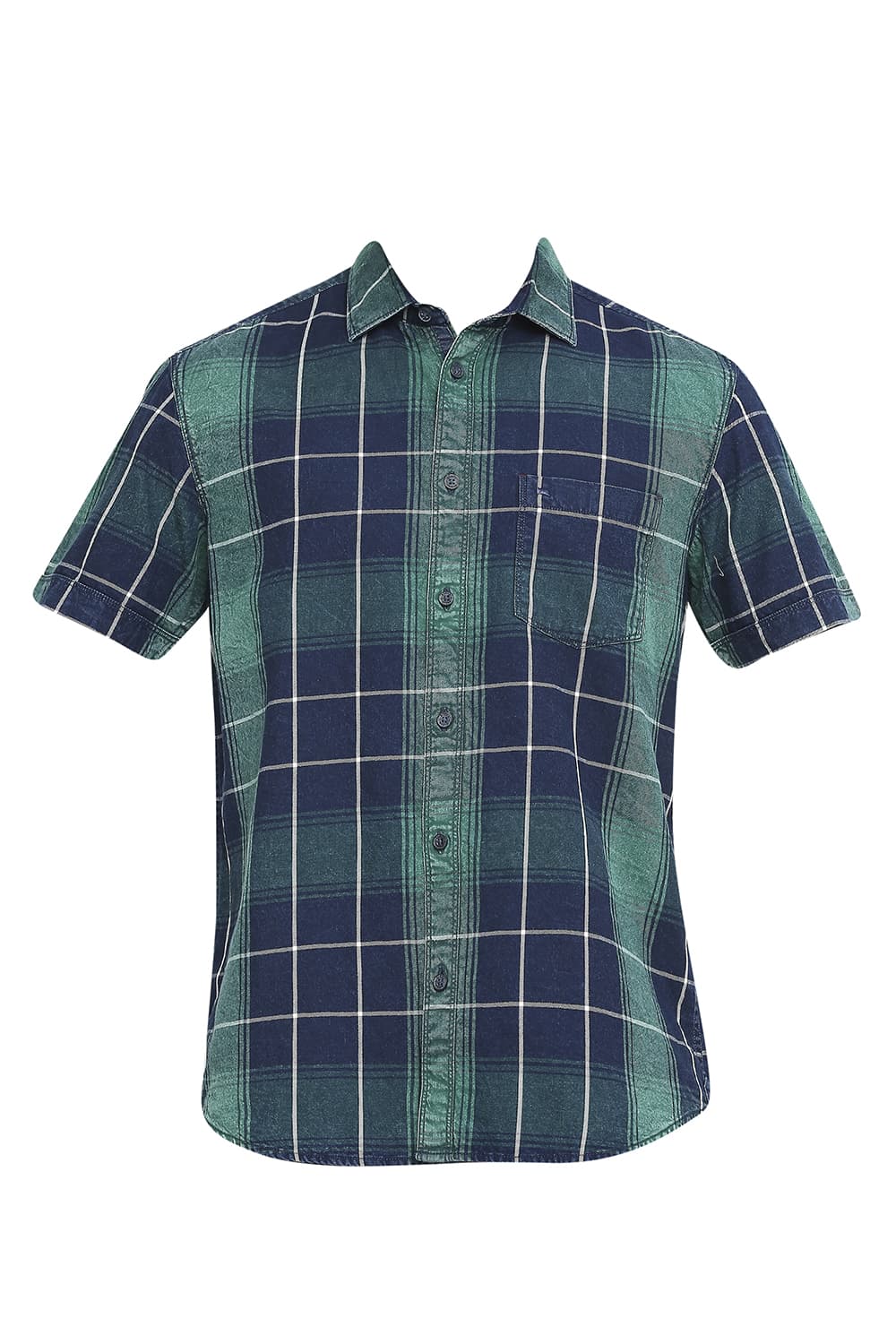 BASICS SLIM FIT COTTON INDIGO TWILL CHECKS HALFSLEEVES SHIRT