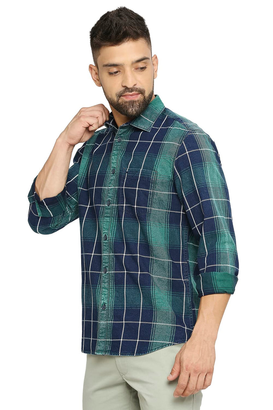 BASICS SLIM FIT ULTRAMARINE GREEN COTTON INDIGO TWILL CHECKS SHIRT
