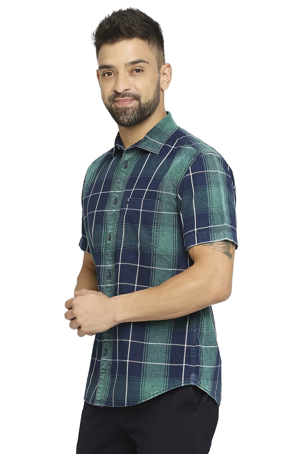 BASICS SLIM FIT COTTON INDIGO TWILL CHECKS HALFSLEEVES SHIRT