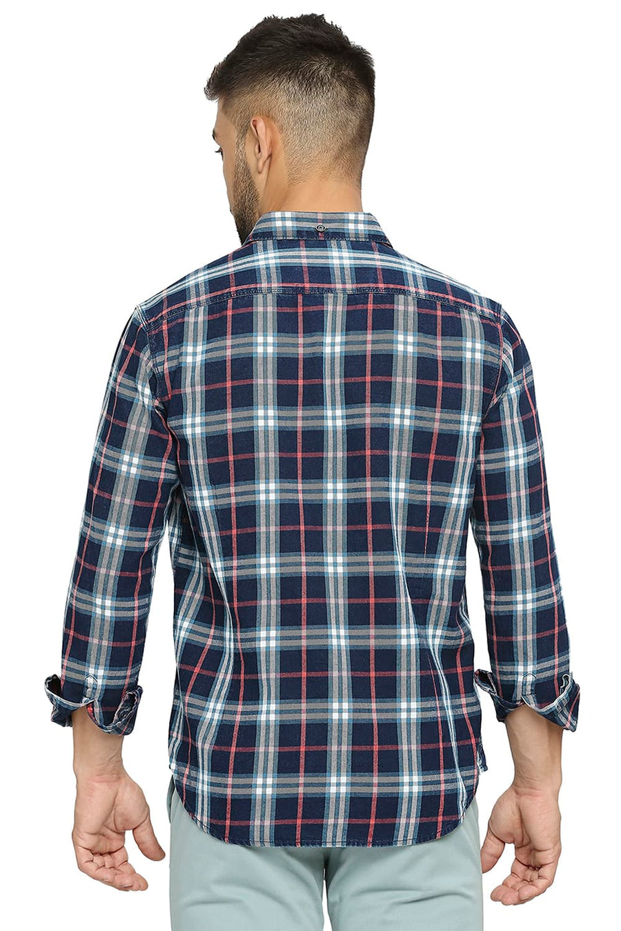 BASICS SLIM FIT HIBISCUS RED COTTON INDIGO TWILL CHECKS SHIRT