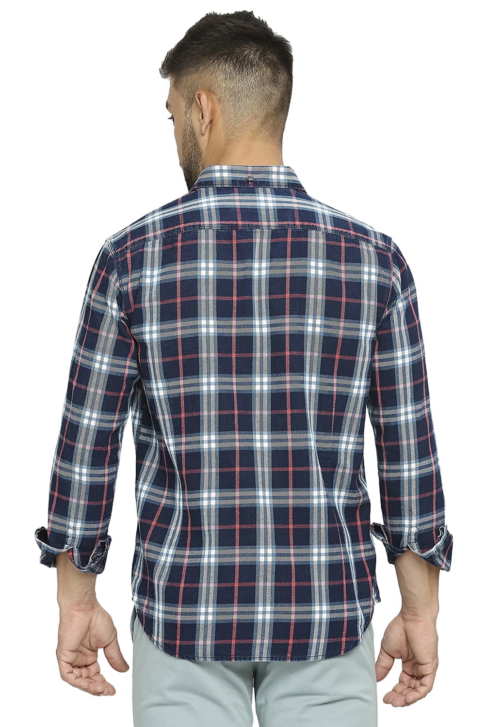 BASICS SLIM FIT COTTON INDIGO TWILL CHECKS SHIRT