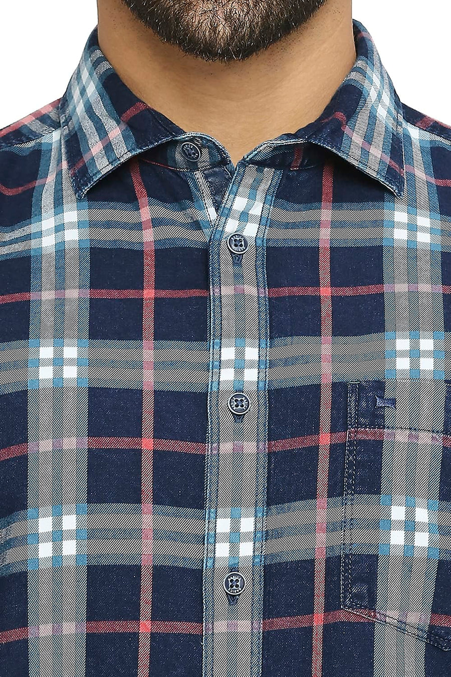 BASICS SLIM FIT HIBISCUS RED COTTON INDIGO TWILL CHECKS SHIRT