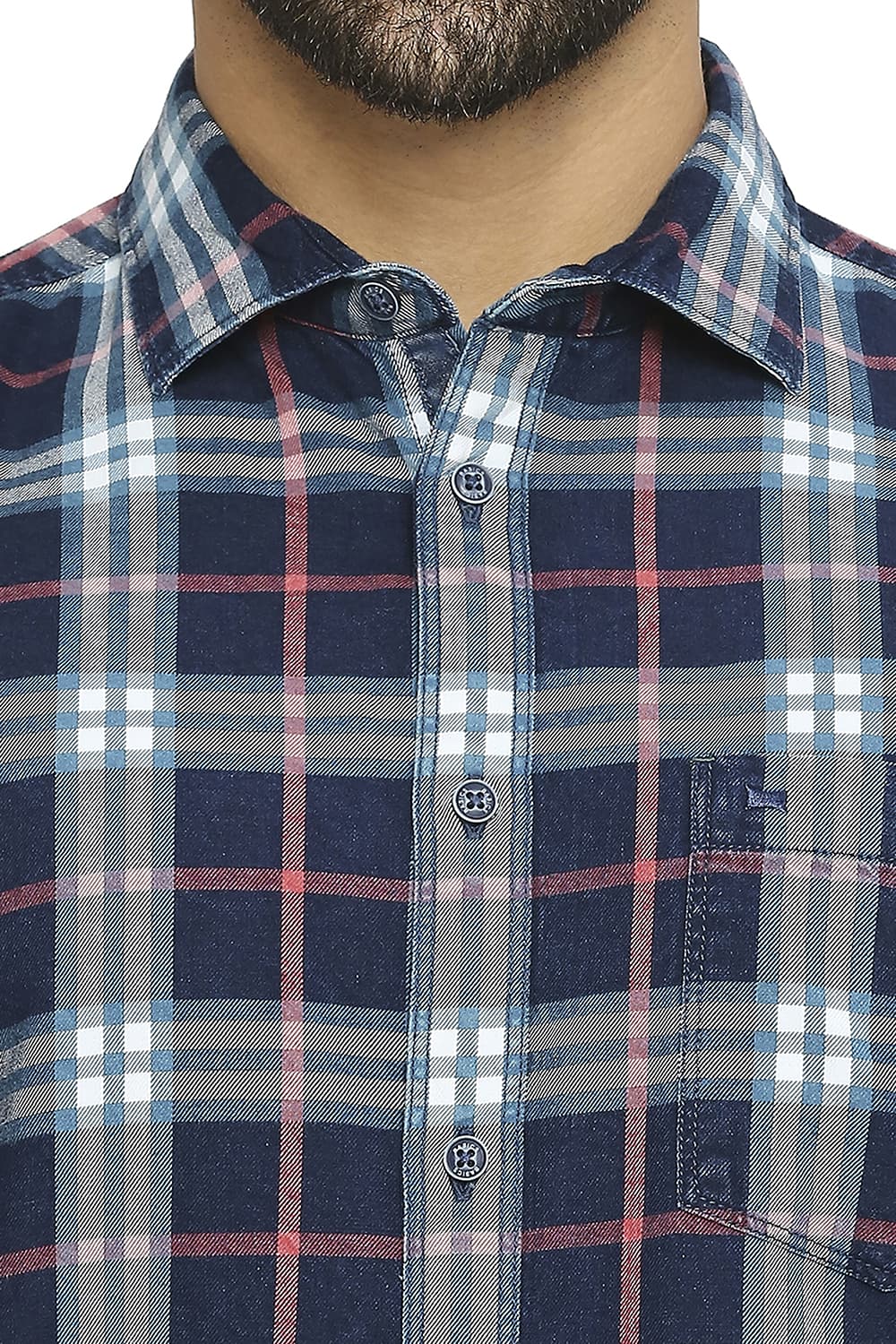 BASICS SLIM FIT COTTON INDIGO TWILL CHECKS SHIRT