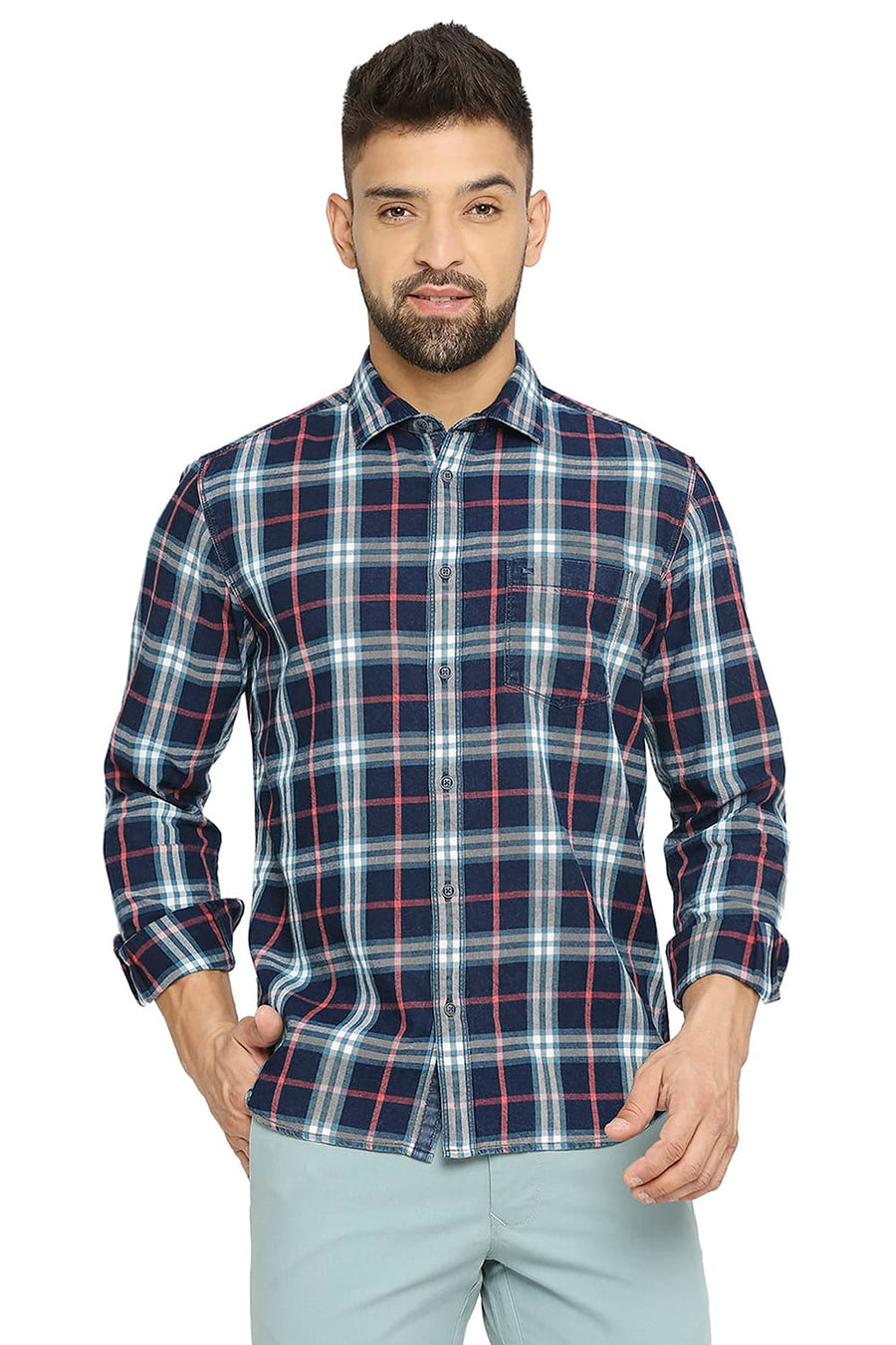 BASICS SLIM FIT HIBISCUS RED COTTON INDIGO TWILL CHECKS SHIRT
