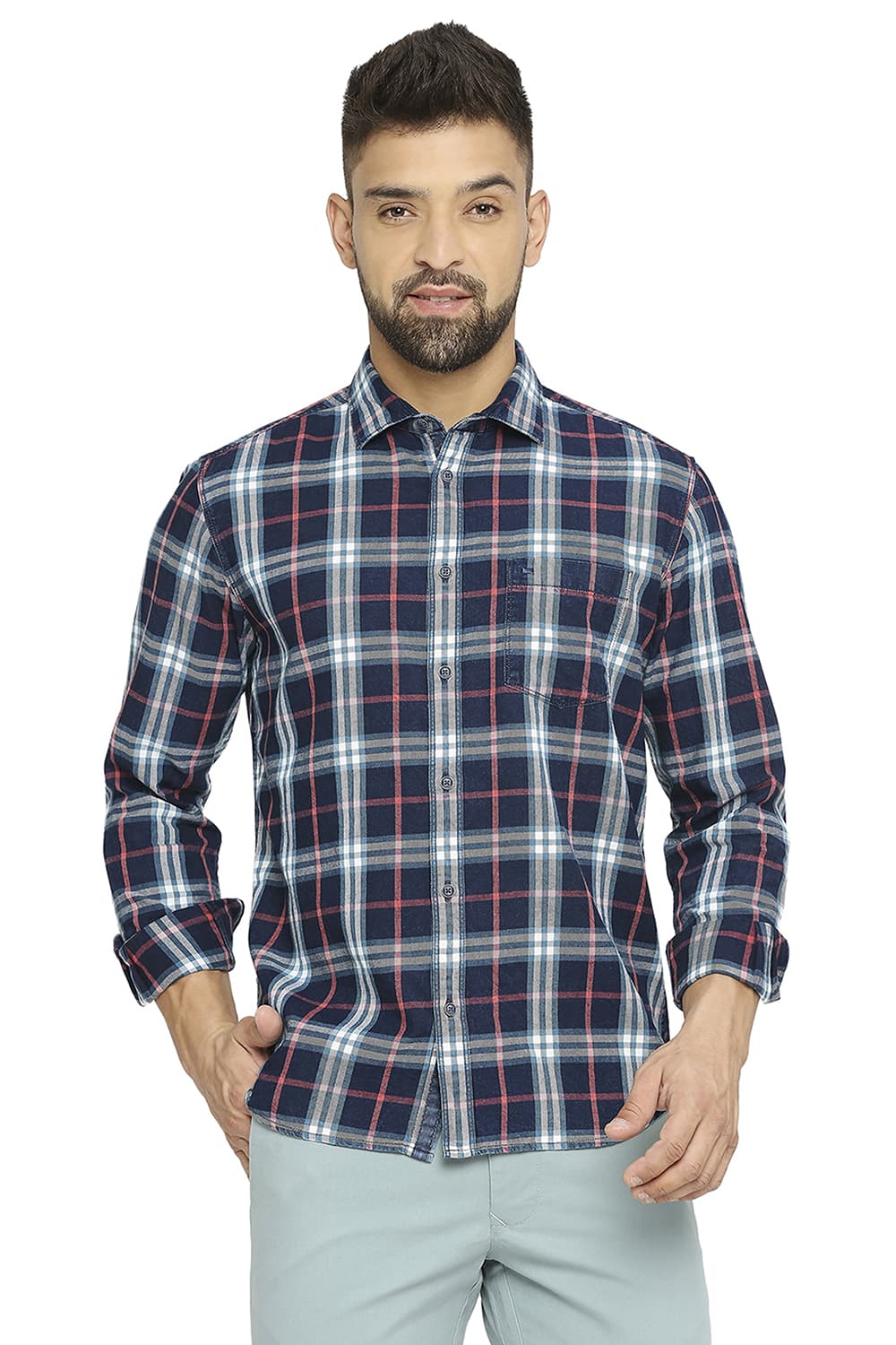 BASICS SLIM FIT COTTON INDIGO TWILL CHECKS SHIRT