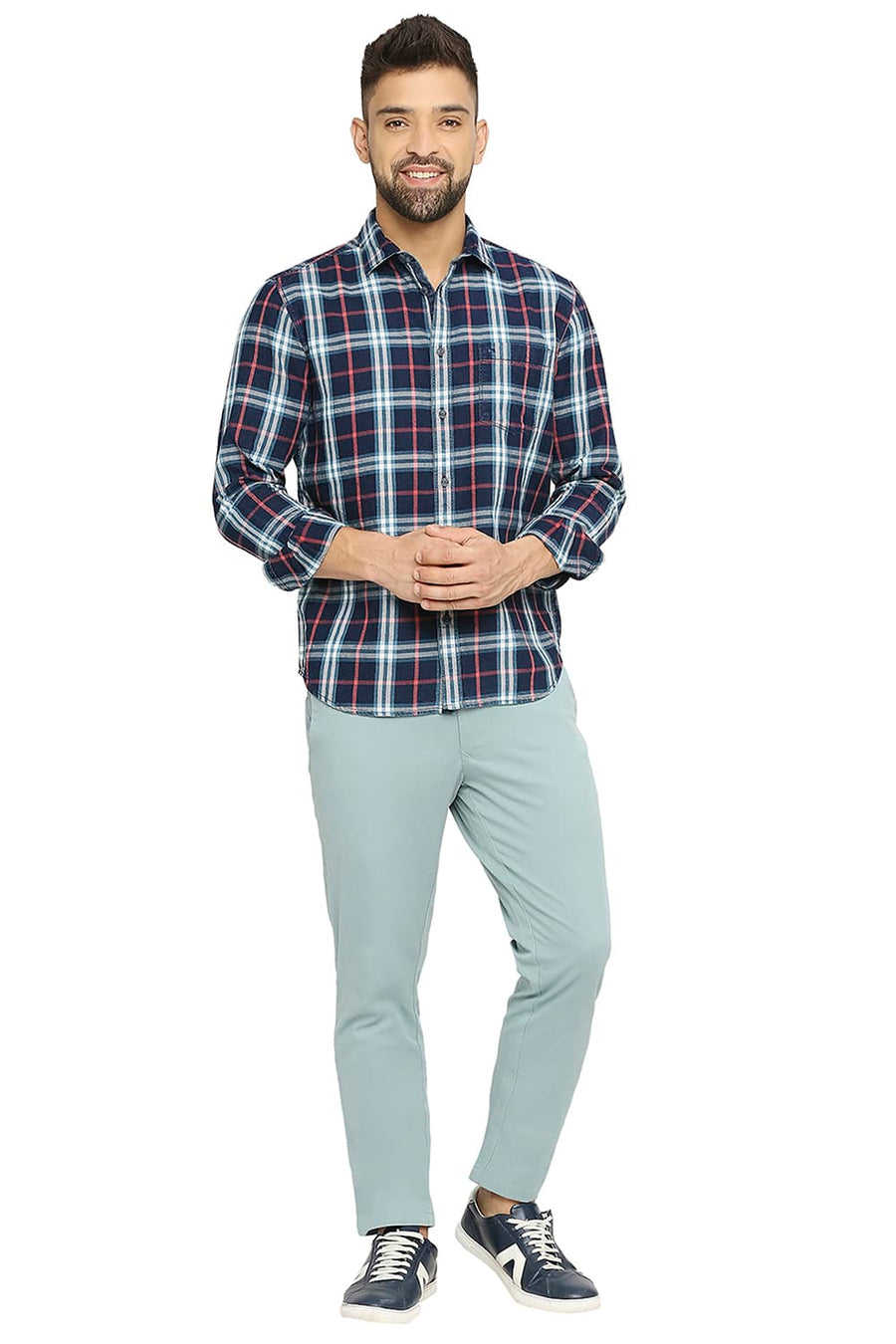 BASICS SLIM FIT HIBISCUS RED COTTON INDIGO TWILL CHECKS SHIRT