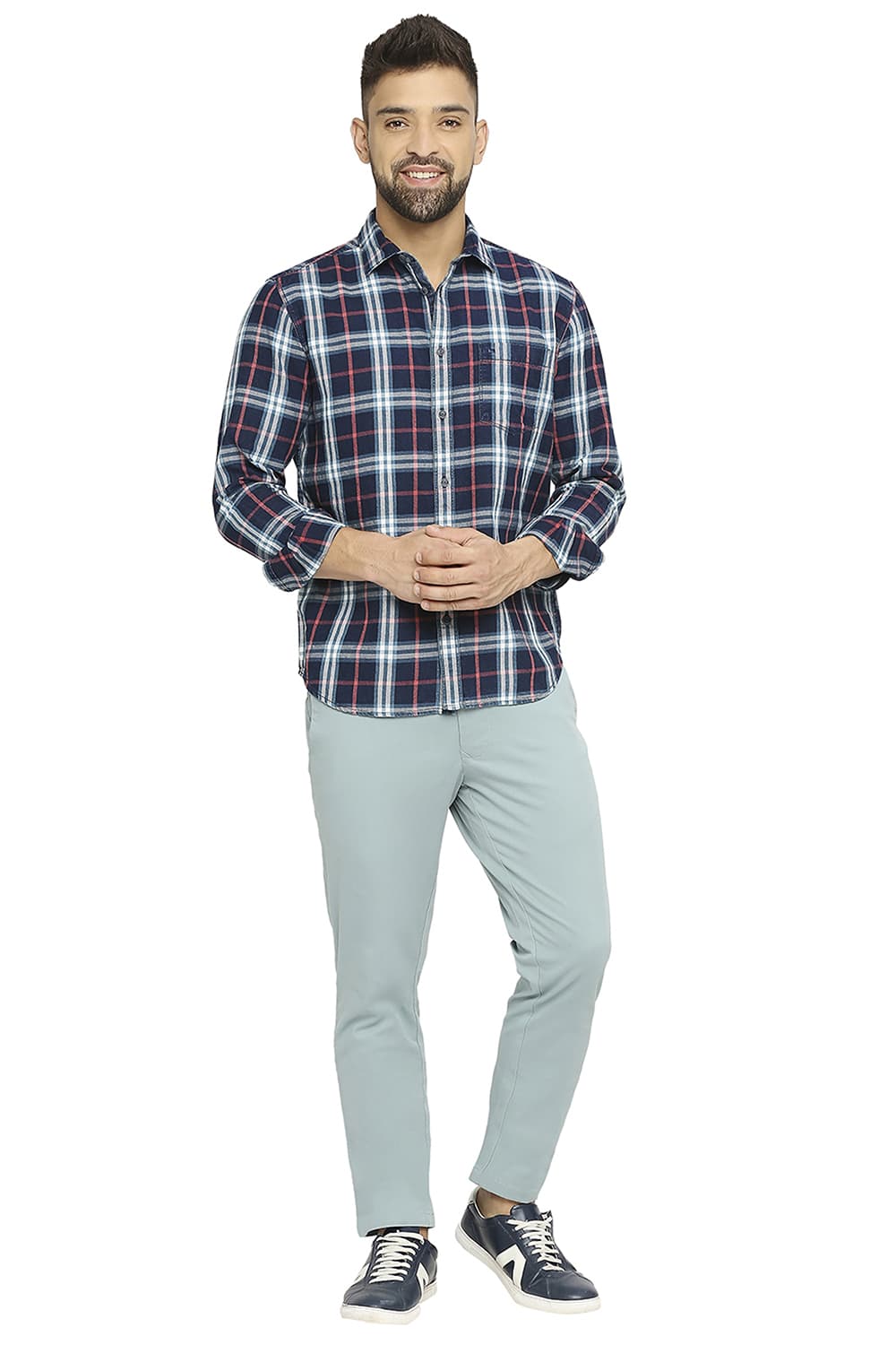 BASICS SLIM FIT COTTON INDIGO TWILL CHECKS SHIRT