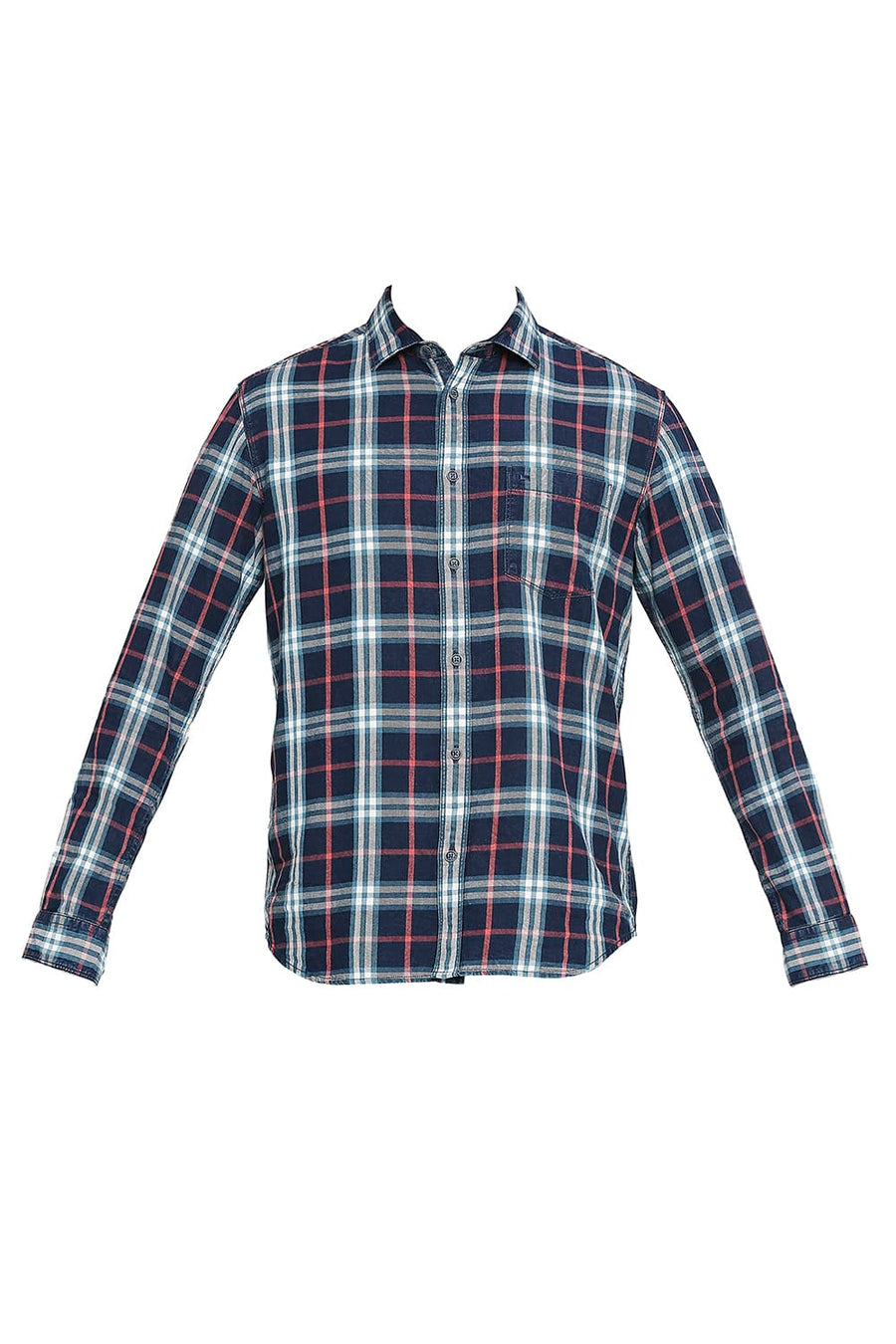 BASICS SLIM FIT HIBISCUS RED COTTON INDIGO TWILL CHECKS SHIRT