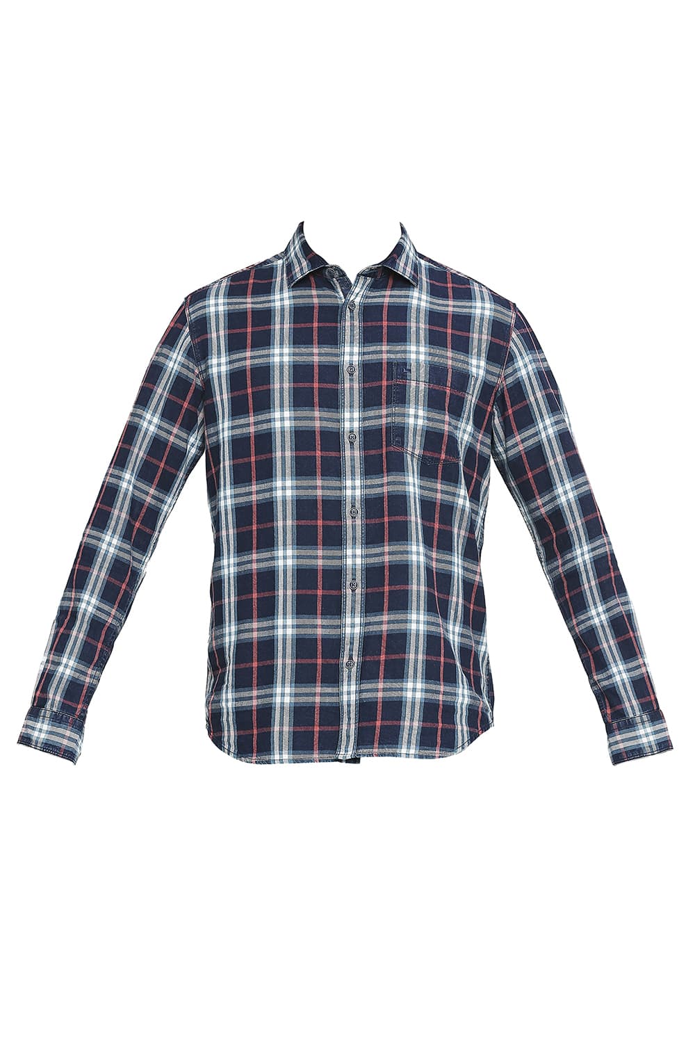 BASICS SLIM FIT COTTON INDIGO TWILL CHECKS SHIRT