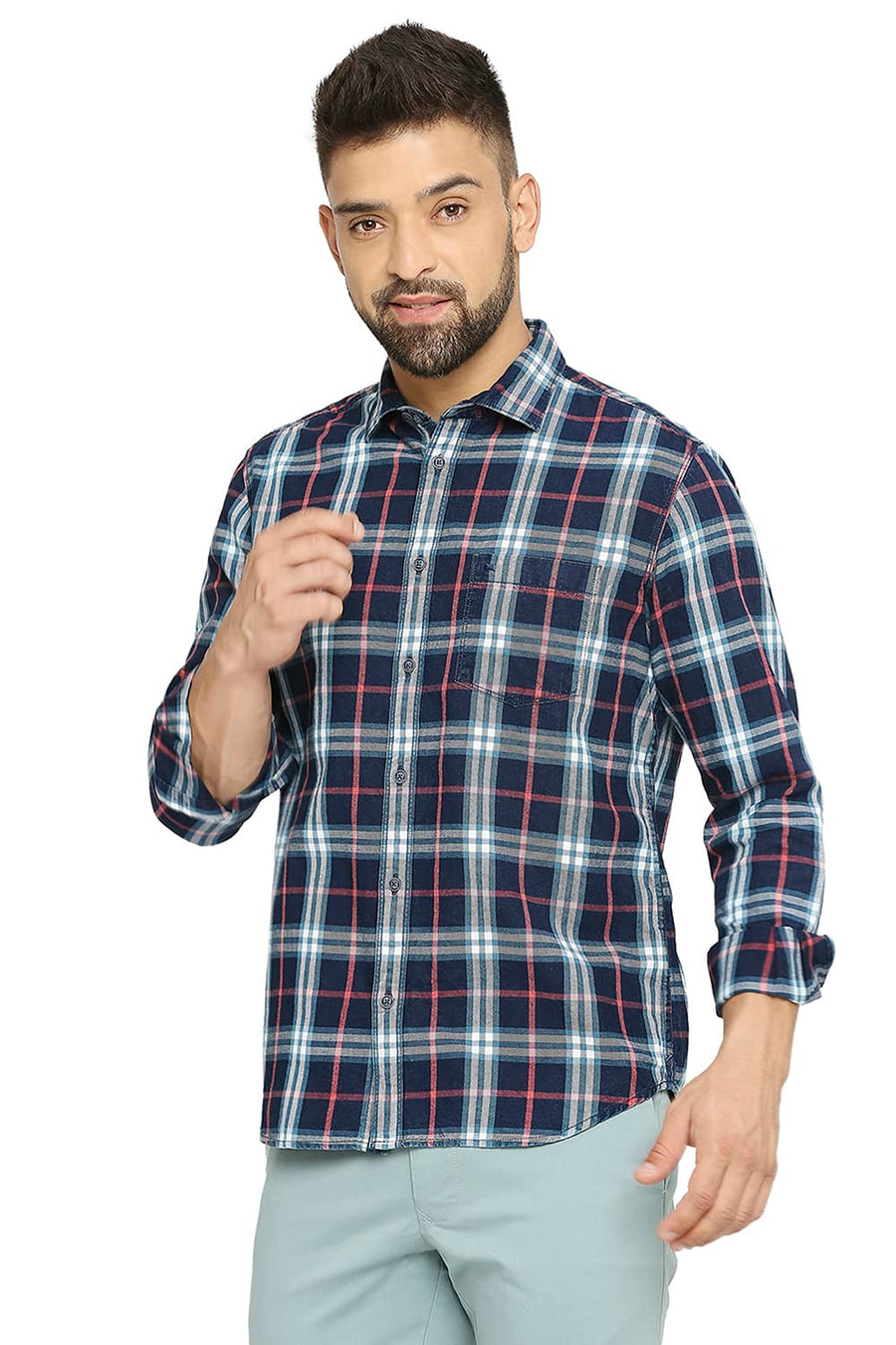 BASICS SLIM FIT HIBISCUS RED COTTON INDIGO TWILL CHECKS SHIRT