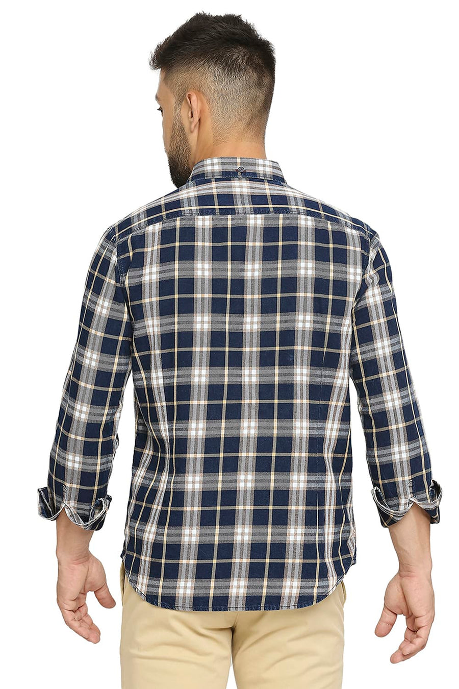 BASICS SLIM FIT EMPIRE YELLOW COTTON INDIGO TWILL CHECKS SHIRT