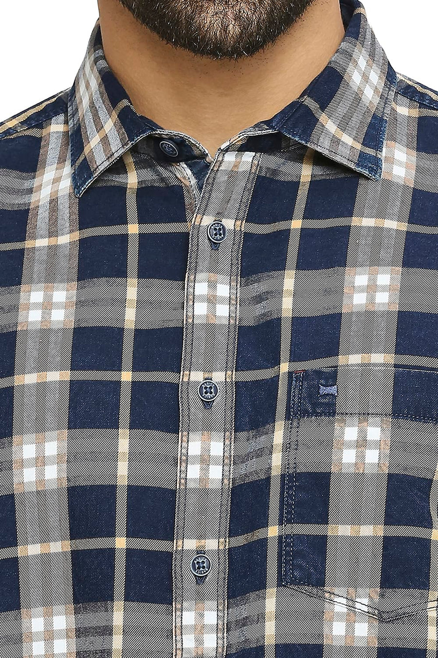 BASICS SLIM FIT EMPIRE YELLOW COTTON INDIGO TWILL CHECKS SHIRT