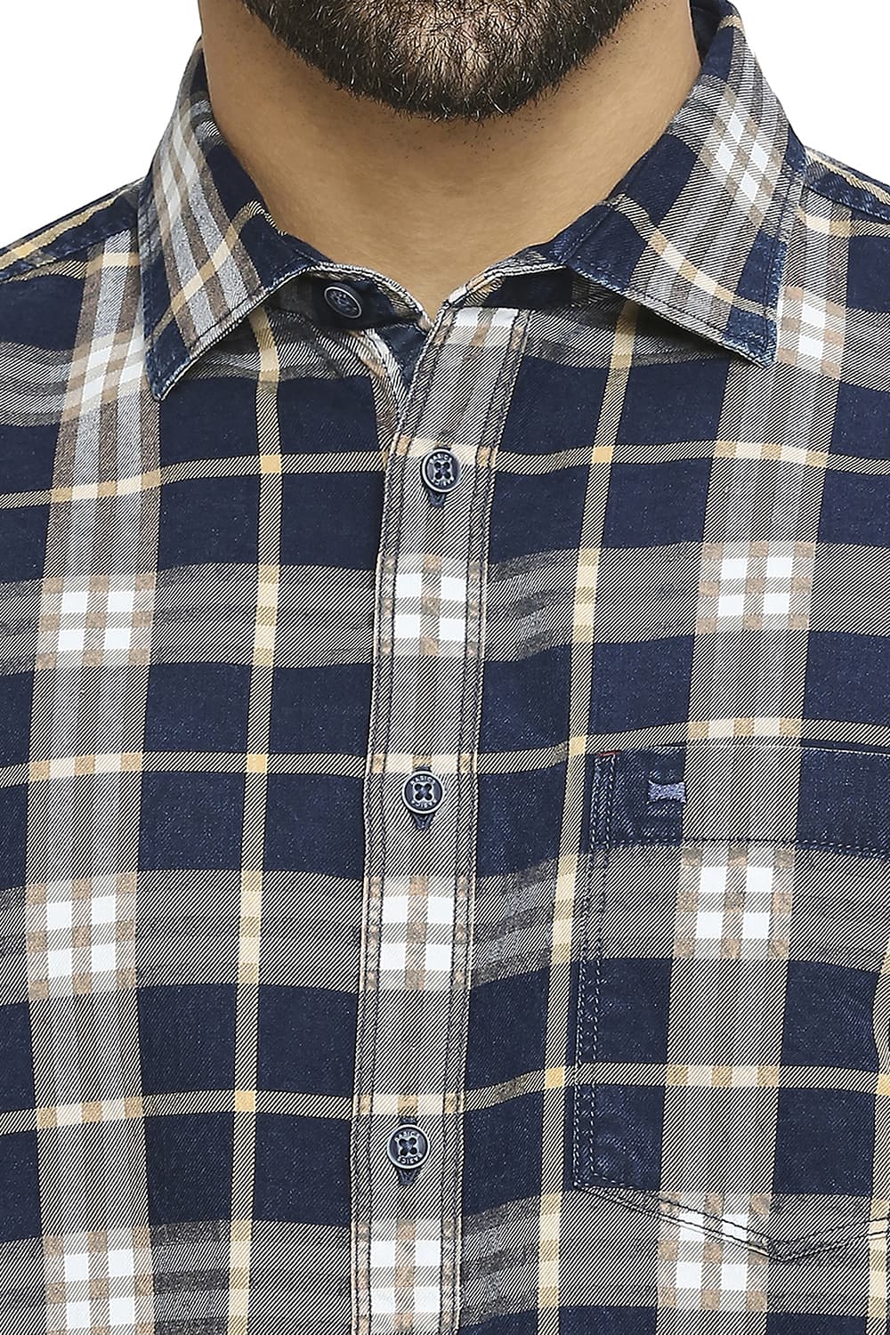 BASICS SLIM FIT COTTON INDIGO TWILL CHECKS SHIRT