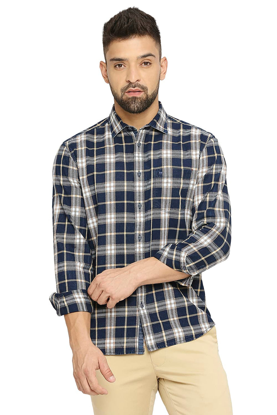 BASICS SLIM FIT EMPIRE YELLOW COTTON INDIGO TWILL CHECKS SHIRT