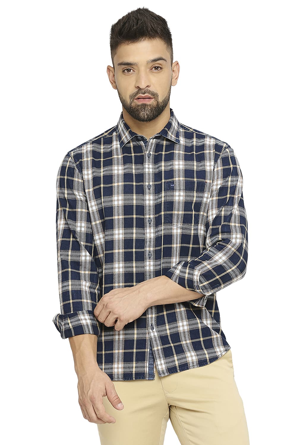 BASICS SLIM FIT COTTON INDIGO TWILL CHECKS SHIRT