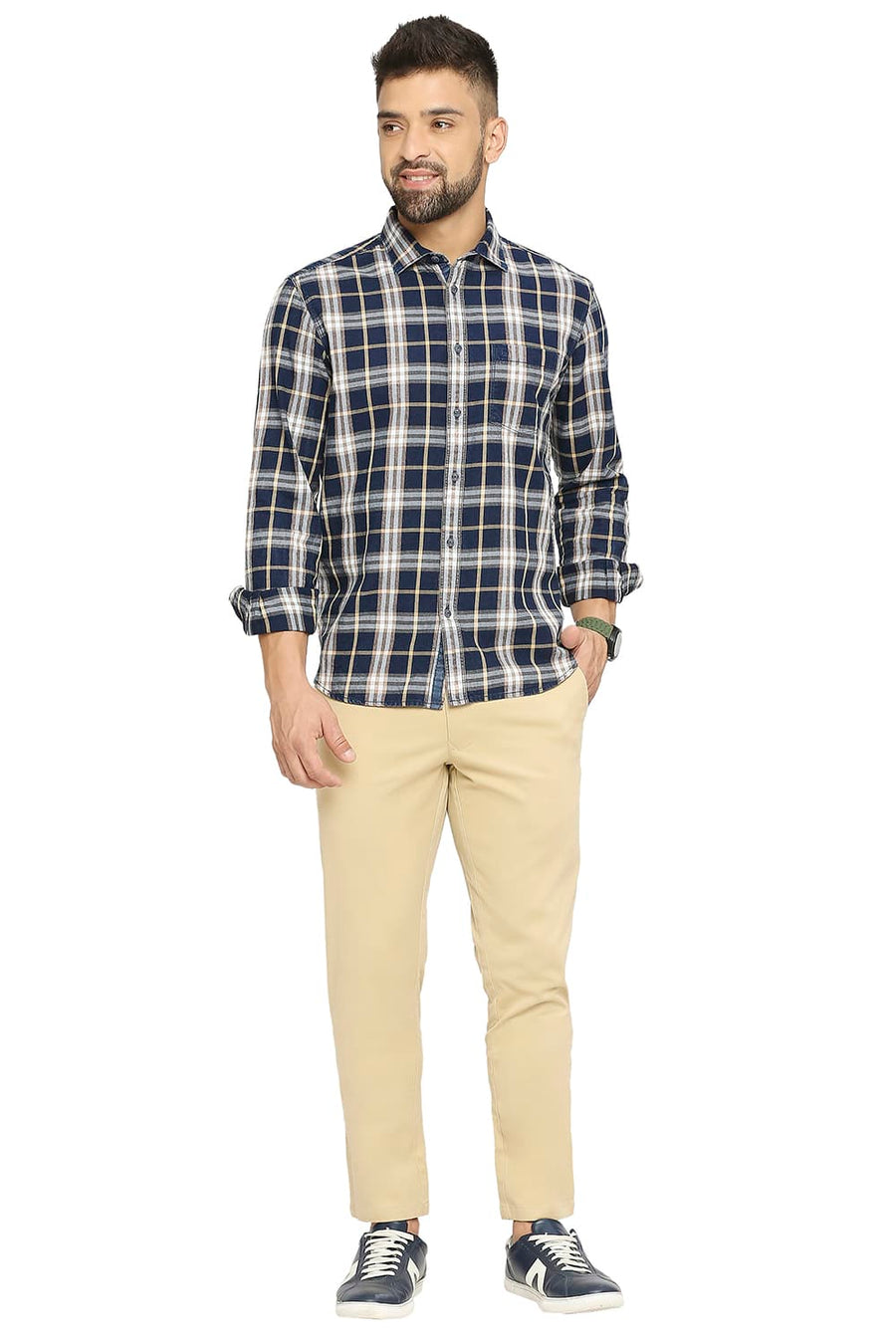 BASICS SLIM FIT EMPIRE YELLOW COTTON INDIGO TWILL CHECKS SHIRT