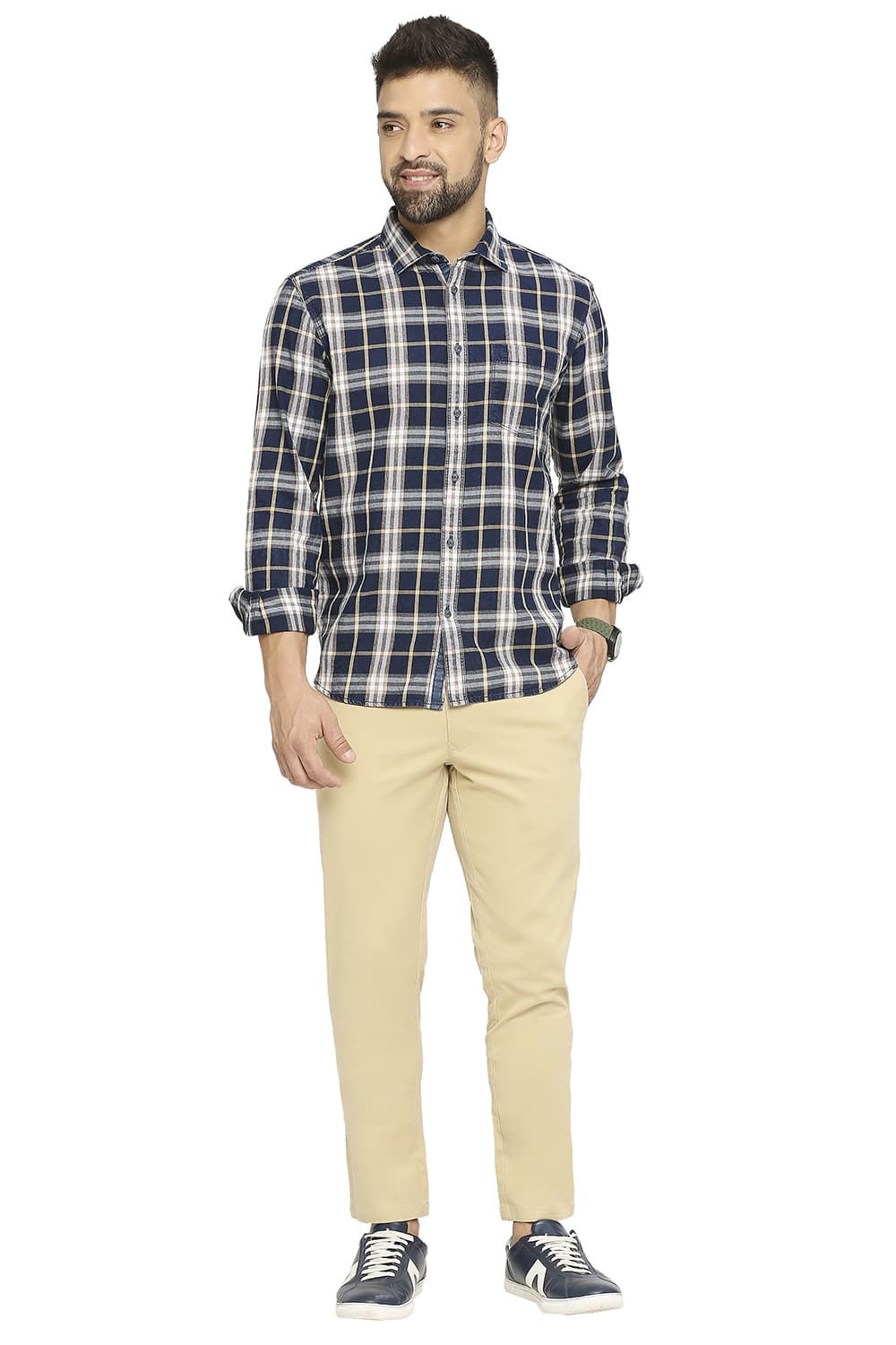 BASICS SLIM FIT COTTON INDIGO TWILL CHECKS SHIRT