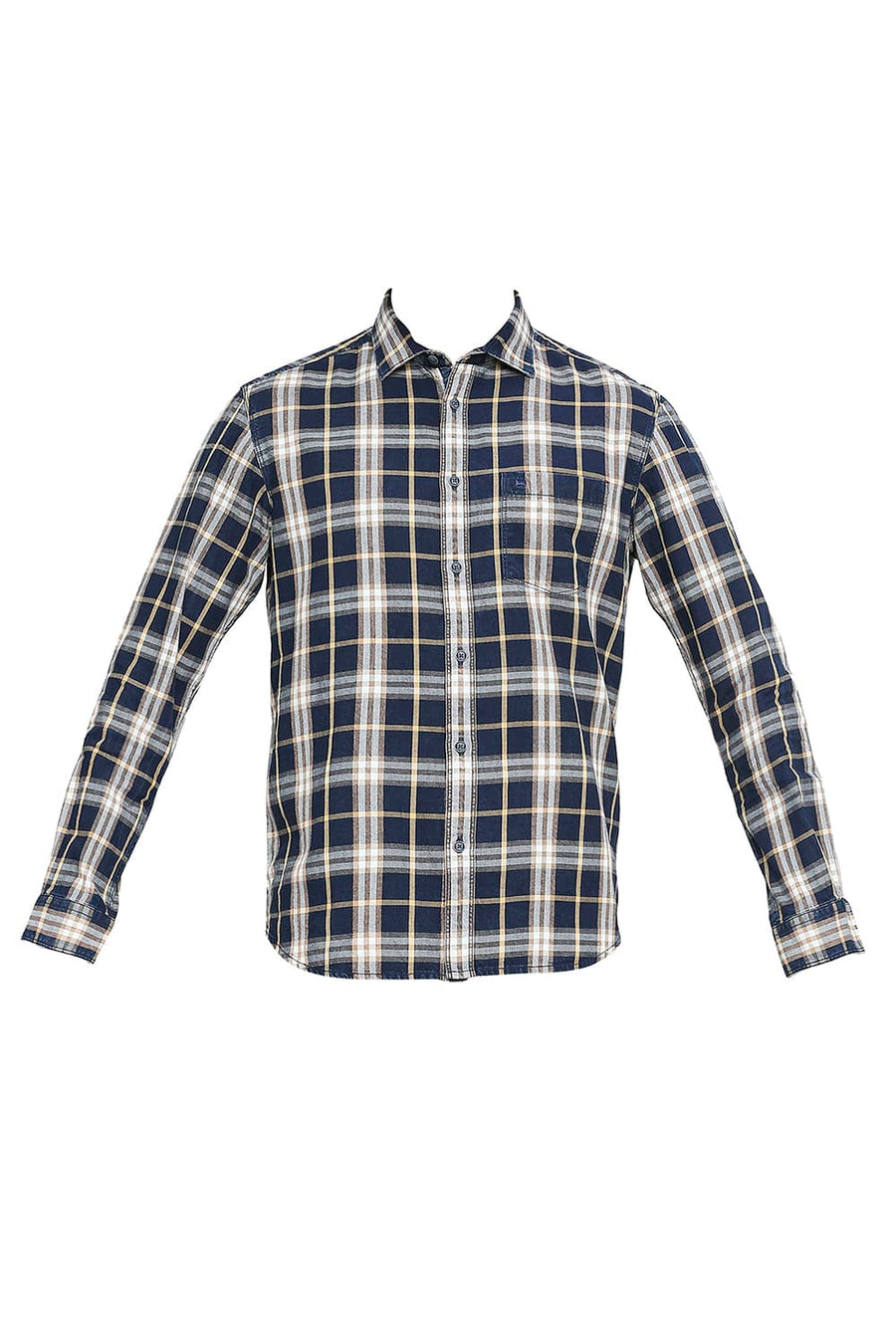 BASICS SLIM FIT EMPIRE YELLOW COTTON INDIGO TWILL CHECKS SHIRT