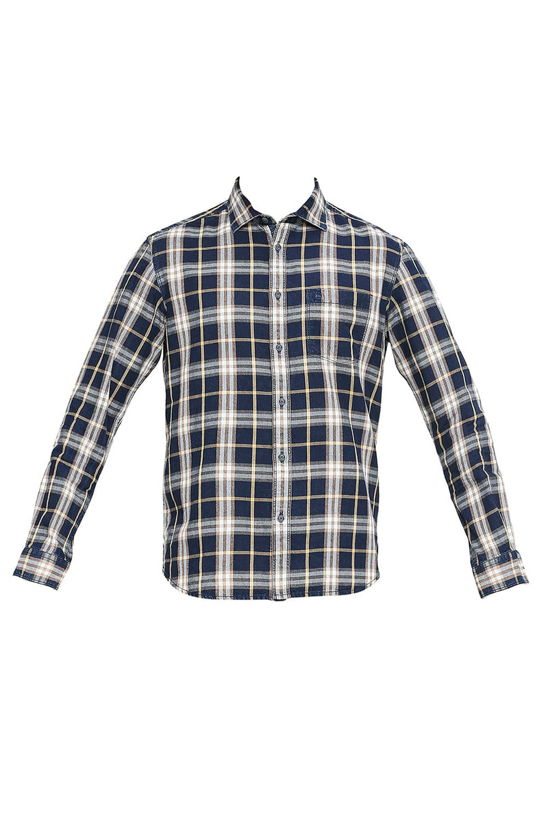 BASICS SLIM FIT COTTON INDIGO TWILL CHECKS SHIRT