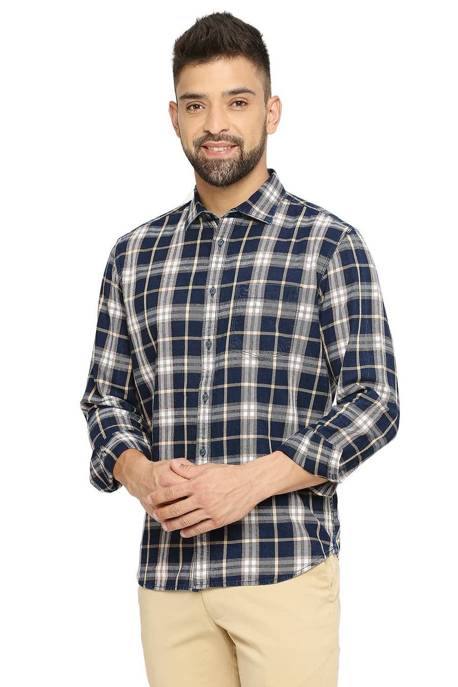 BASICS SLIM FIT EMPIRE YELLOW COTTON INDIGO TWILL CHECKS SHIRT