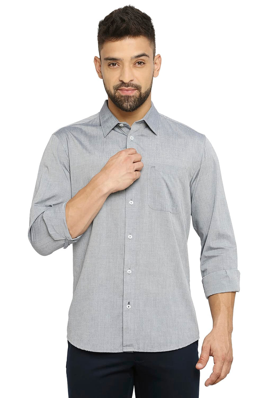 BASICS SLIM FIT ALLOY GREY COTTON POLYESTER VISCOSE SHIRT