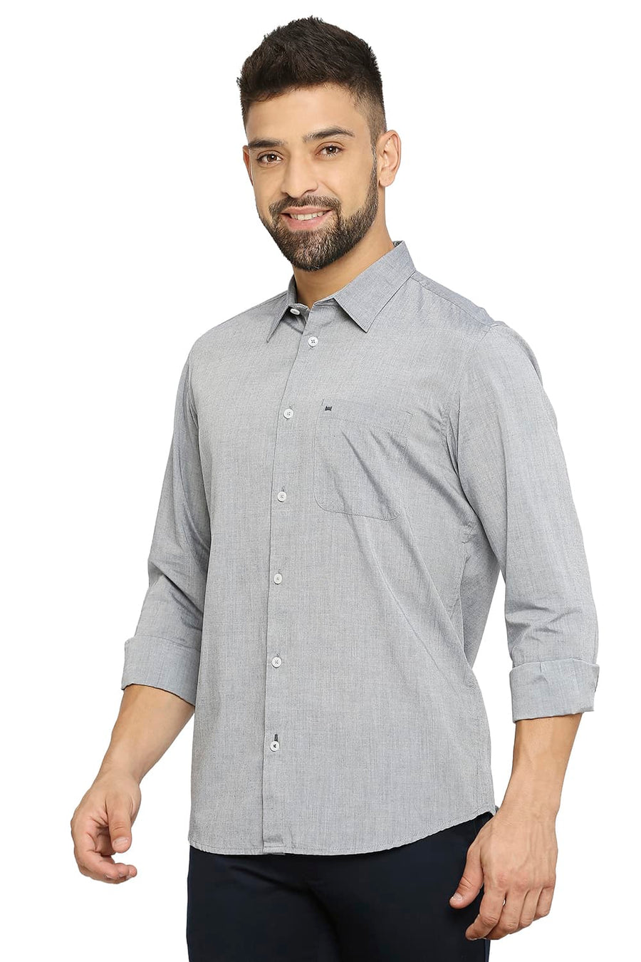 BASICS SLIM FIT ALLOY GREY COTTON POLYESTER VISCOSE SHIRT