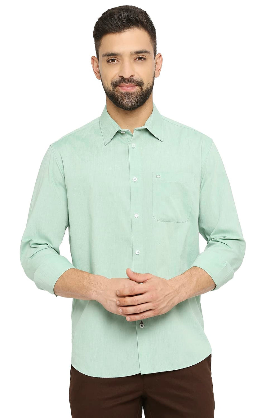 BASICS SLIM FIT CAMEO GREEN COTTON POLYESTER VISCOSE SHIRT
