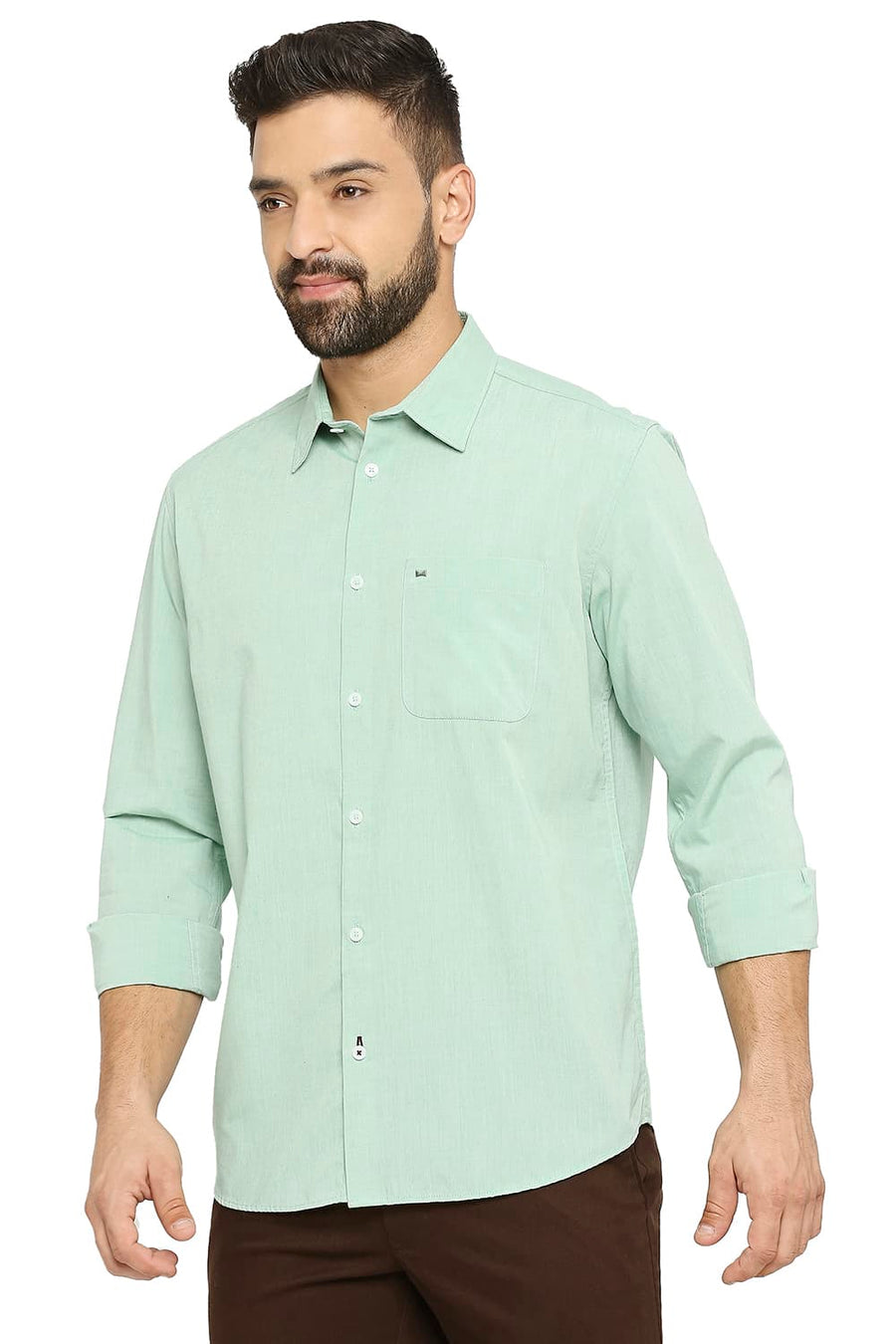BASICS SLIM FIT CAMEO GREEN COTTON POLYESTER VISCOSE SHIRT