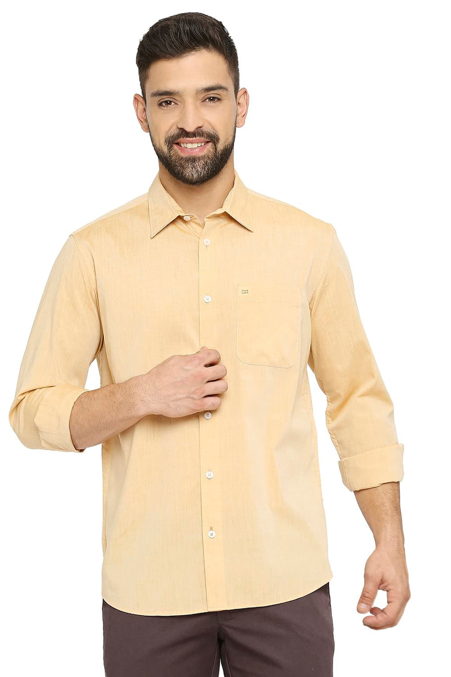BASICS SLIM FIT GOLDEN ORANGE COTTON POLYESTER VISCOSE SHIRT