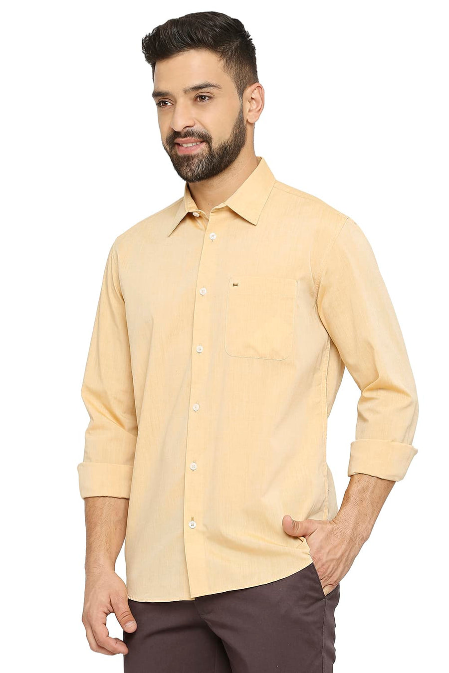 BASICS SLIM FIT GOLDEN ORANGE COTTON POLYESTER VISCOSE SHIRT