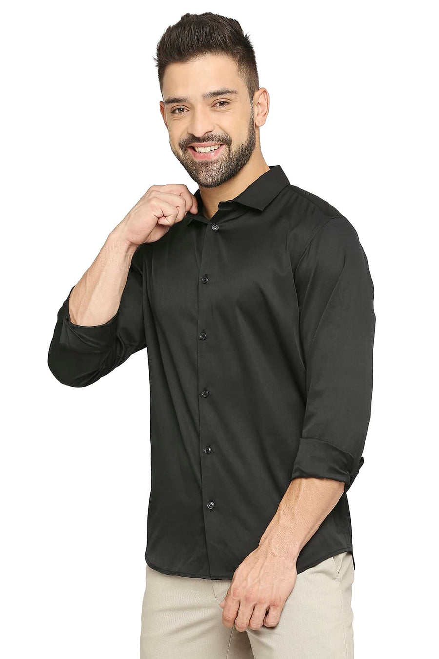 BASICS SLIM FIT INK BLUE POLYESTER STRETCH SHIRT