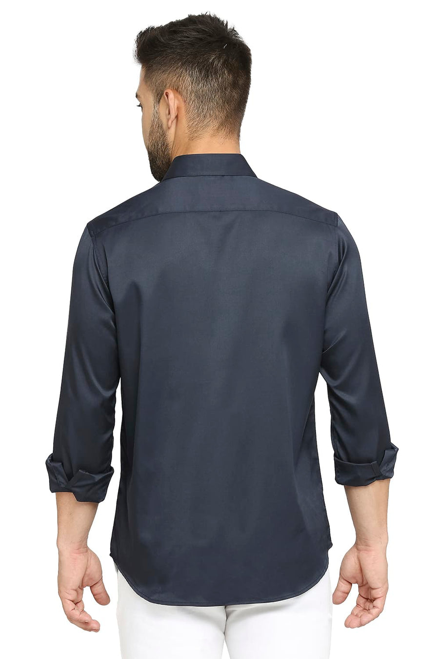 BASICS SLIM FIT PEONY NAVY POLYESTER STRETCH SHIRT