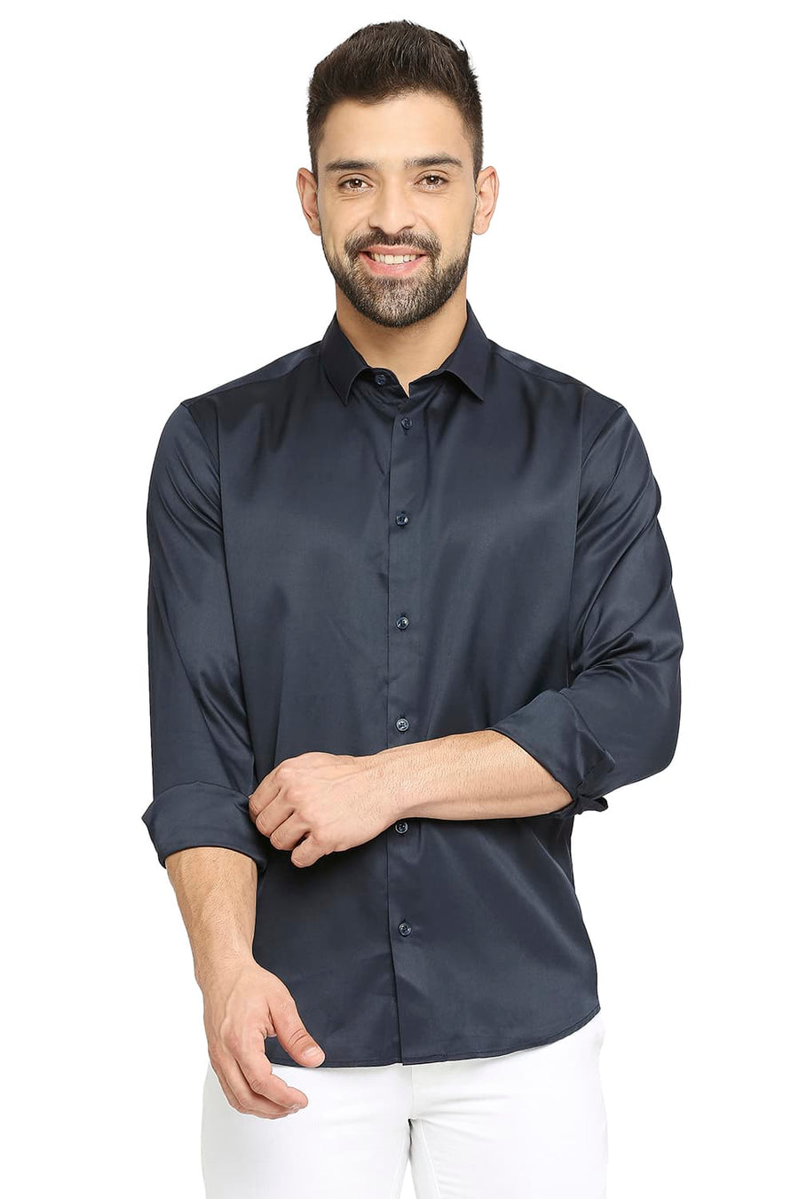 BASICS SLIM FIT PEONY NAVY POLYESTER STRETCH SHIRT
