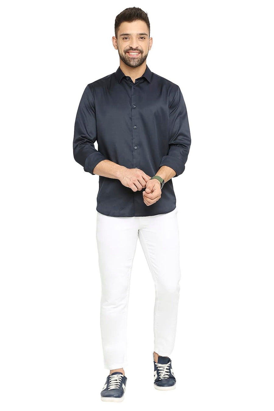 BASICS SLIM FIT PEONY NAVY POLYESTER STRETCH SHIRT